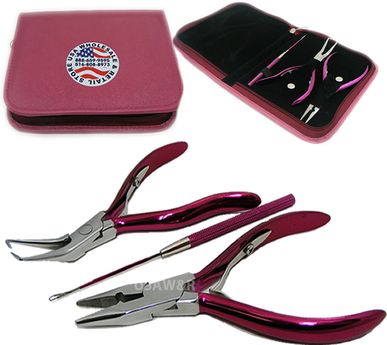 3pcs Pink Professional Beading and Hair Extension Plier tool kit