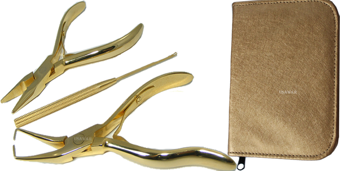 Hair Extension Beading Tool Plier Kit Gold Plated 3 pcs